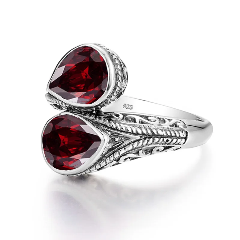 Reines 925er-Sterlingsilber, Damenring mit zwei Granatsteinen, Vintage-Schmuck, gotischer Tropfenform, für Hochzeit und Jubiläum, ein Geschenk für die Frau. – Detail 3