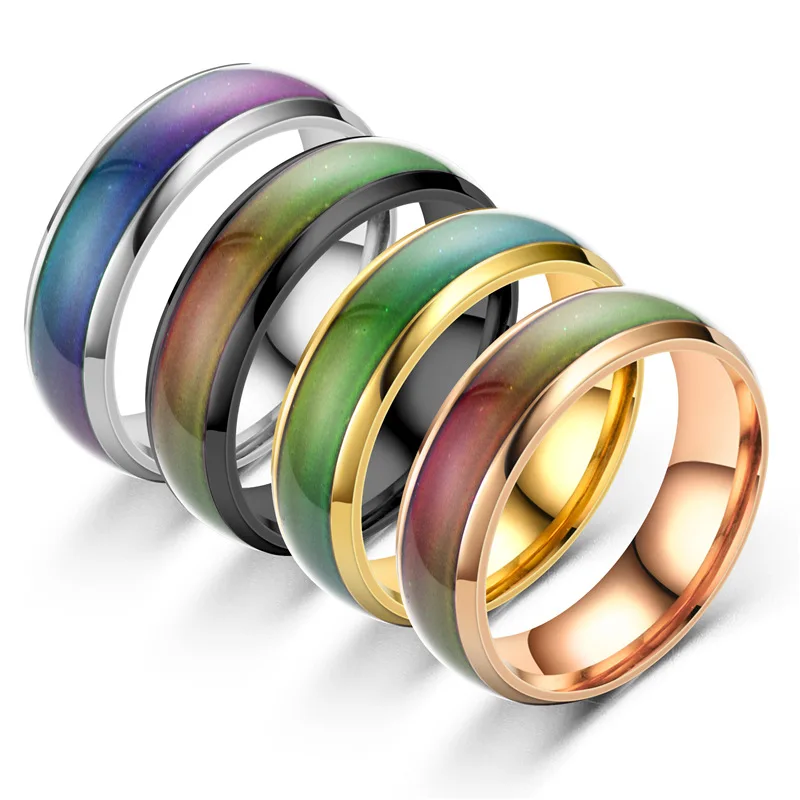 Stainless Steel Ring for Men Women Changing Color Mood Ring Temperature Sensitive Glazed Seven-Color Ring Couple Jewelry