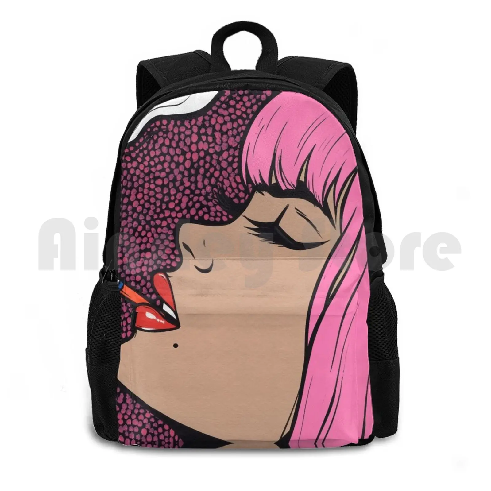 Pink Smoking Comic Girl Outdoor Hiking Backpack Riding Climbing Sports Bag Cigarette Smoke Pink Hair Bangs Model Pop Art