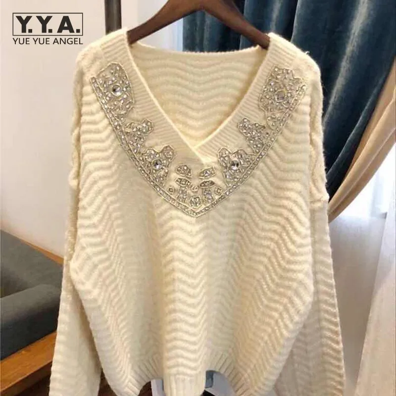 Streetwear Sexy Beading Crystal V Neck Knitting Pullover Tops Loose Fit Long Sleeve Fashion Sweaters Spring Women Casual Sweater