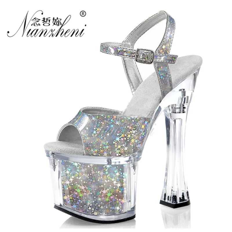 20cm Crystal Clear Platform Sandals 7 Inches High Heels Big Size US12 Glitter Cross dressing pole dancing Stripper bride shoes