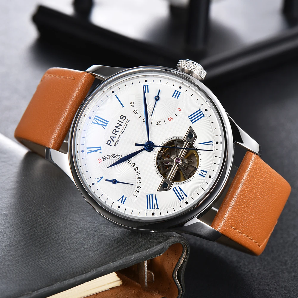 Fashion 43mm Parnis White Dial Power Reserve Automatic Mechanical Men Watches Brown Leather Strap Blue Hands Top Luxury Brand
