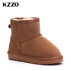 KZZO Sheepskin Suede Leather Natural Wool Fur Lined Big Kids Winter Classic Snow Boots Students Ankle Warm Casual Shoes Children