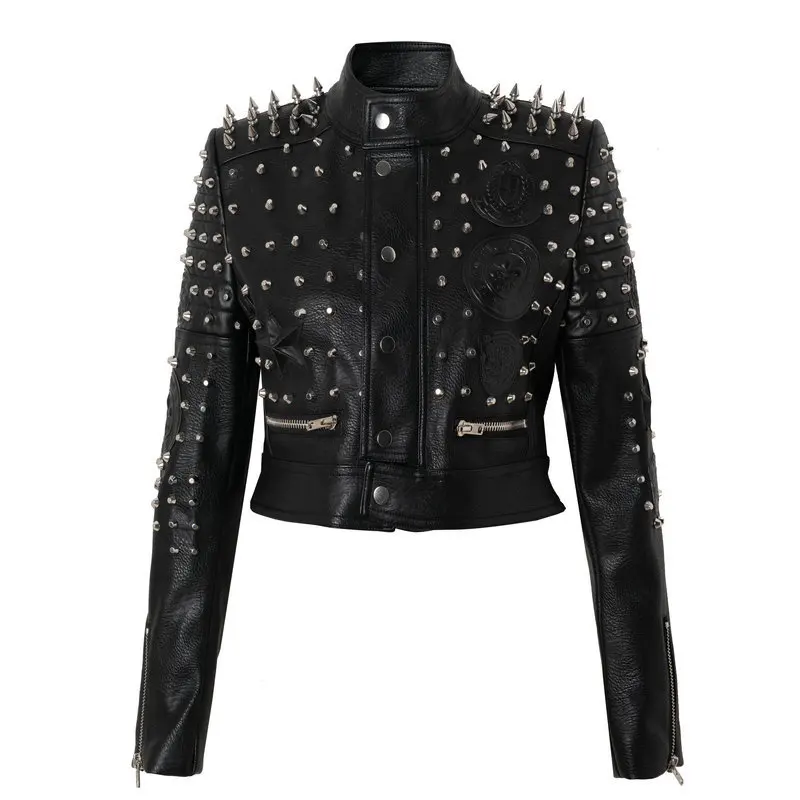 

Punk Style Faux Leather Short Jacket Women Graffiti Studded Rivet Fashion High Waist Motorcycle Jackets