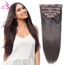 Real Beauty Machine Made European Straight Clip In Hair Extensions Remy Human Hairpieces Dark Color Full Head Set 14