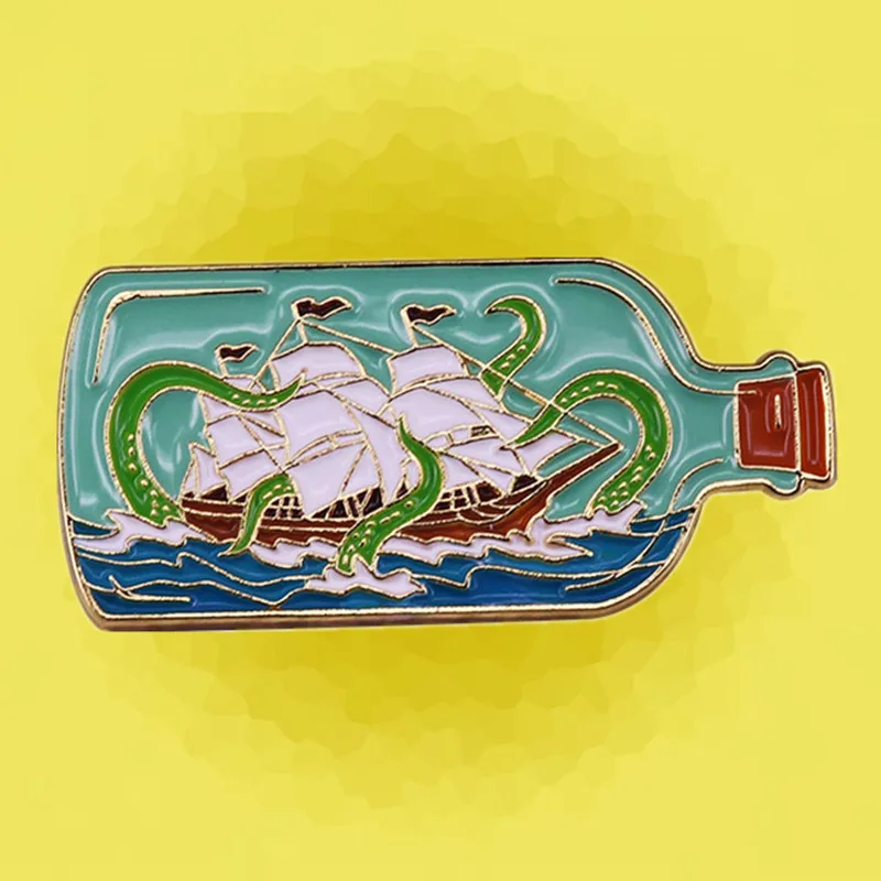 Flat bottle Pirate Sailing ship and Kraken octopus enamel pin brooch