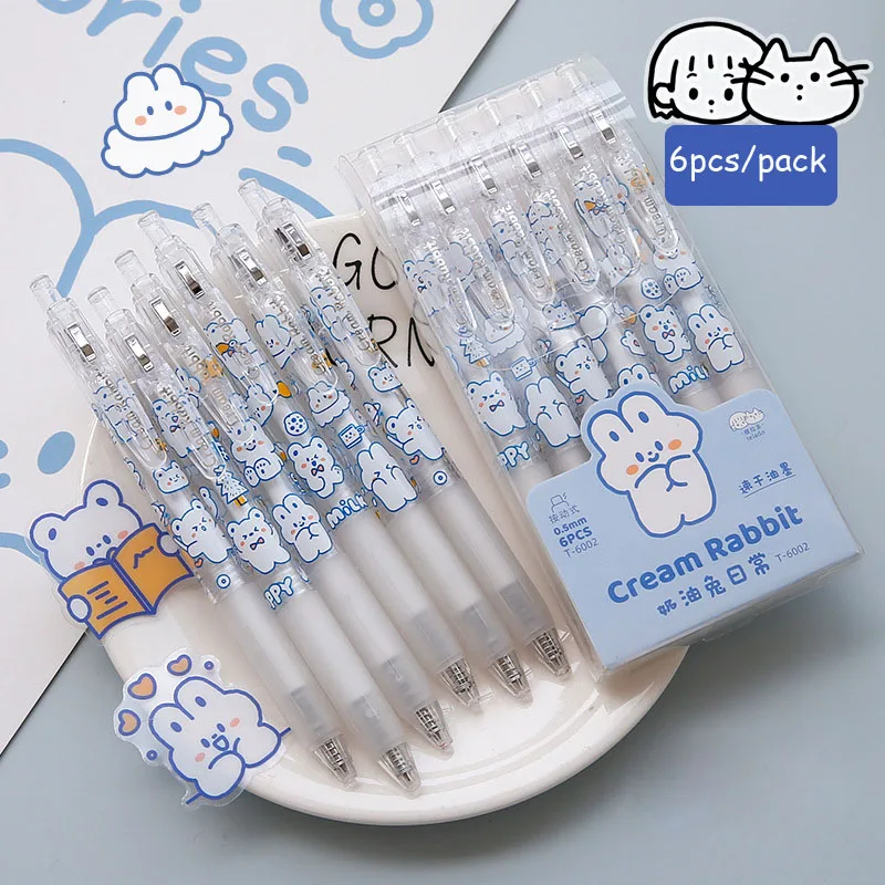 Sharkbang 6pcs/Lot 0.5mm Black Gel Pen Press Type Writing Pen Set Cream Rabbit Sketch Pen Kawaii School Stationery Supplies