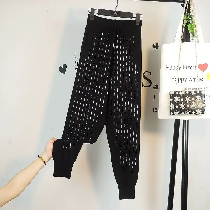 Pantalones informales de cintura alta con diamantes para mujer, pantalón holgado de punto negro que combina con todo, bombachos, caliente, Otoño e Invierno