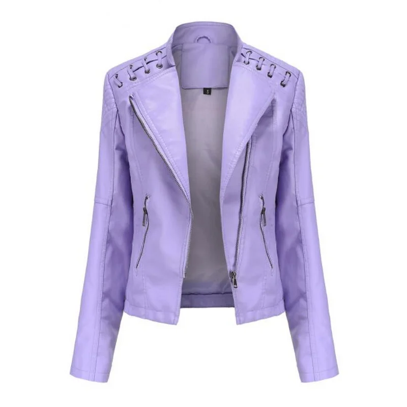 Chaqueta de cuero sintético para mujer, abrigo corto con cuello levantado, prendas de vestir de motocicleta, 9 colores