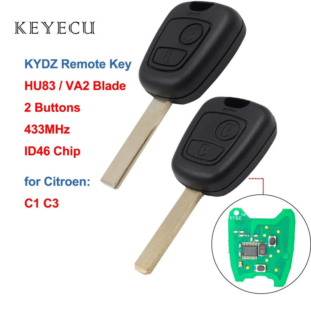 

Keyecu KYDZ Remote Car Key Fob 2 Buttons 433MHz ID46 Chip for Citroen C1 C3 - VA2 or HU83 Blade Option