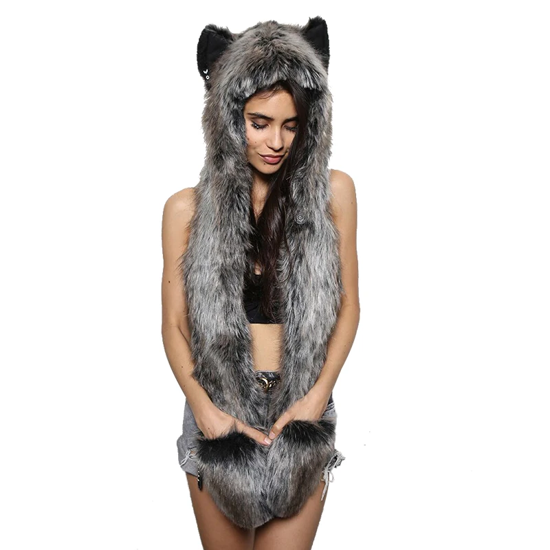 

New Wolf Animal hoods cute animal faux fur hat cap women mens fashion warm animal fur hats with gloves