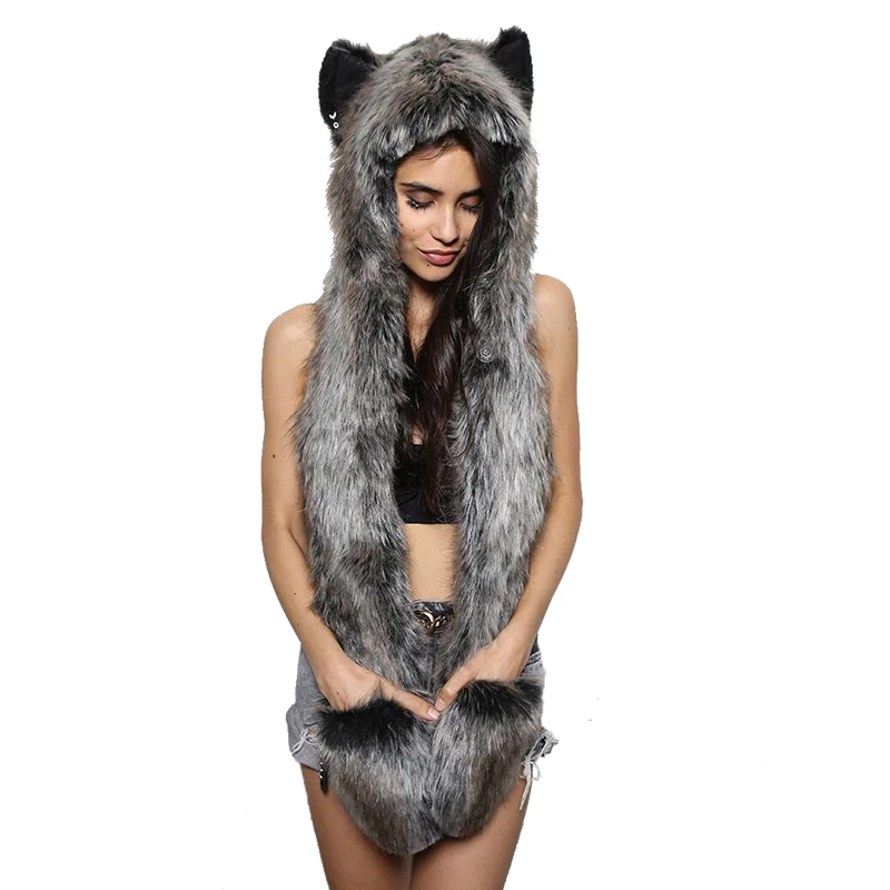 New Wolf Animal hoods cute animal faux fur hat cap women mens fashion warm animal fur hats with gloves