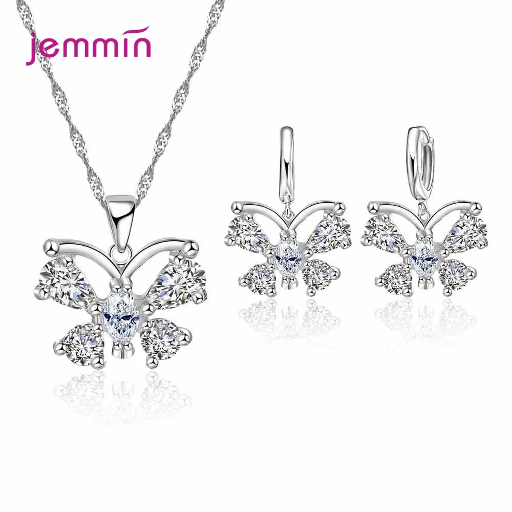 New 925 Sterling Silver Trendy Crystal Pendant Necklace Earrings Jewelry Set For Women Anniversary Gift Fashion Jewelry