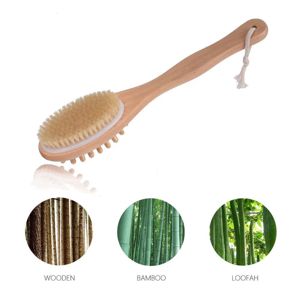 

2-in-1 Bath Body Brush Boar Bristles Exfoliating Body Massager with Long Wooden Handle for Dry Brushing and Shower SPA