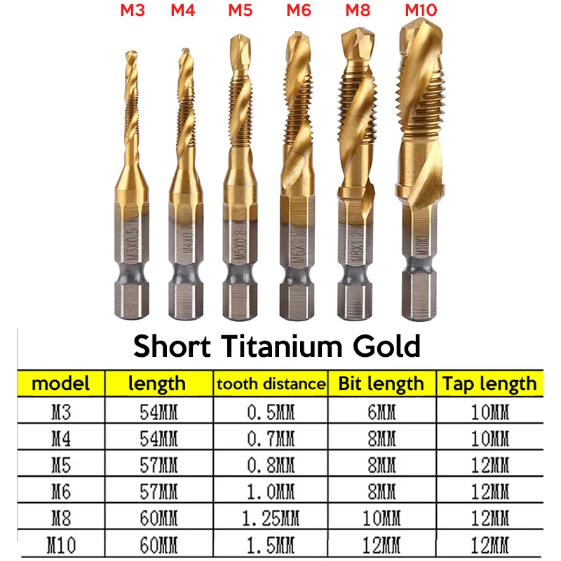 Vástago hexagonal de 6 piezas, rosca de tornillo HSS chapada en titanio, compuesto métrico, brocas de taladro, máquina de tornillo, M3, M4, M5, M8, M10, herramientas manuales