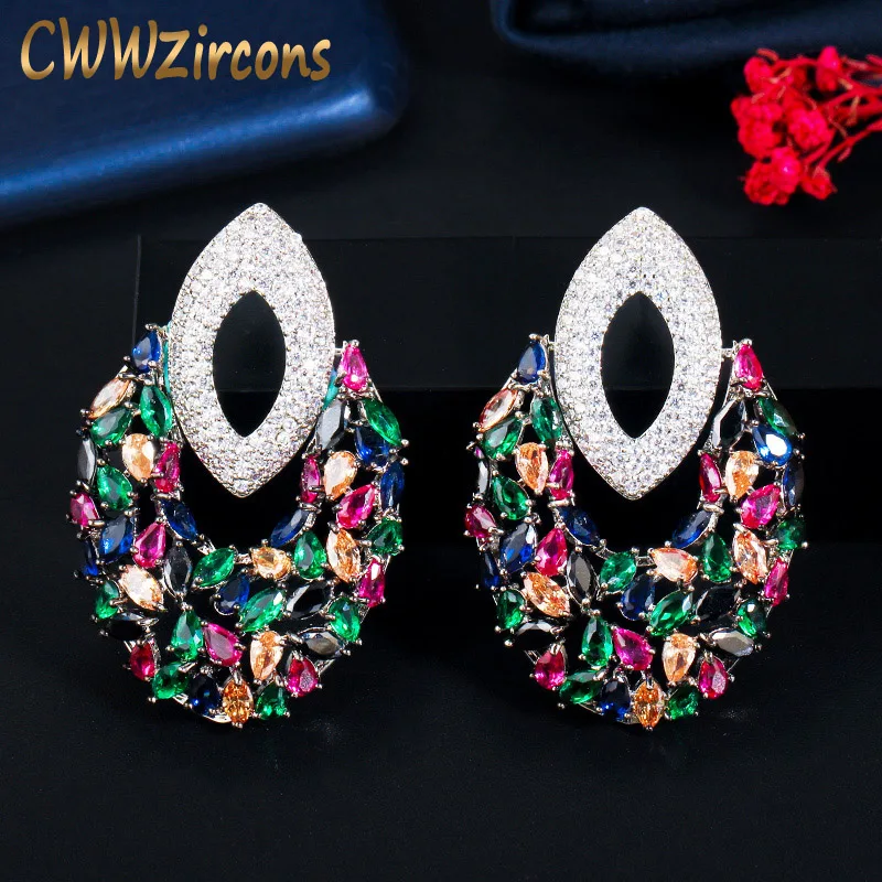 CWWZircons Unique Multi Color Cubic Zirconia Long Drop Big Luxury Party Earrings for Women Designer Bridal Wedding Jewelry CZ742