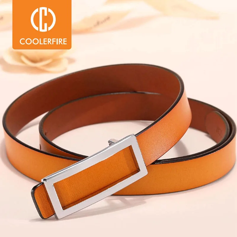 COOLERFIRE-Cinturón con hebilla dorada para mujer, cinturón delgado de cuero genuino, LB016