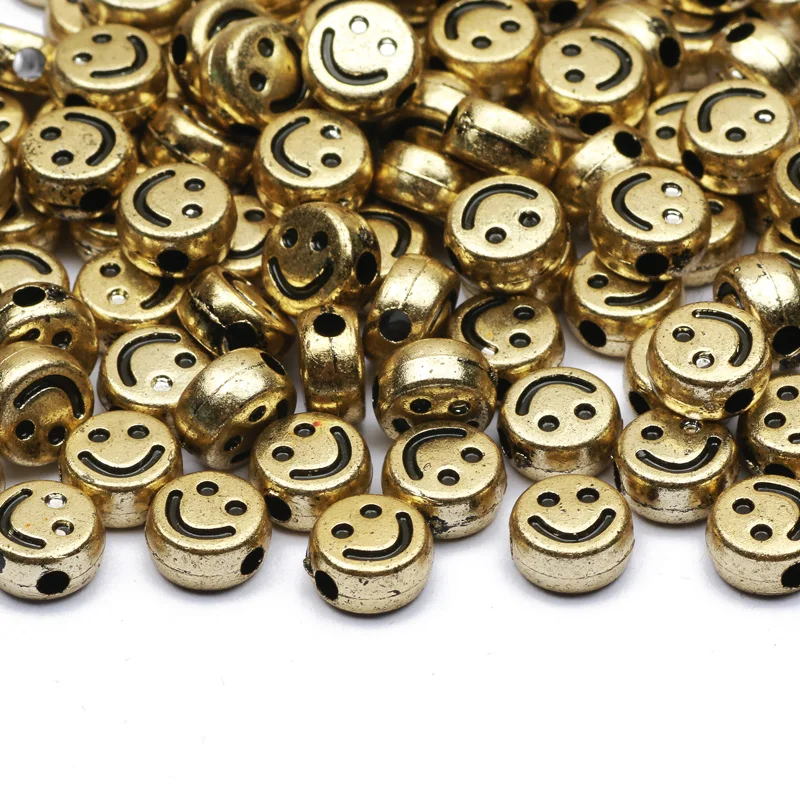 50pcs 5x10mm Gold Color Smile Acrylic Beads Flat Round Loose Spacer Beads For Necklace Bracelet Jewelry Making Diy Accessories