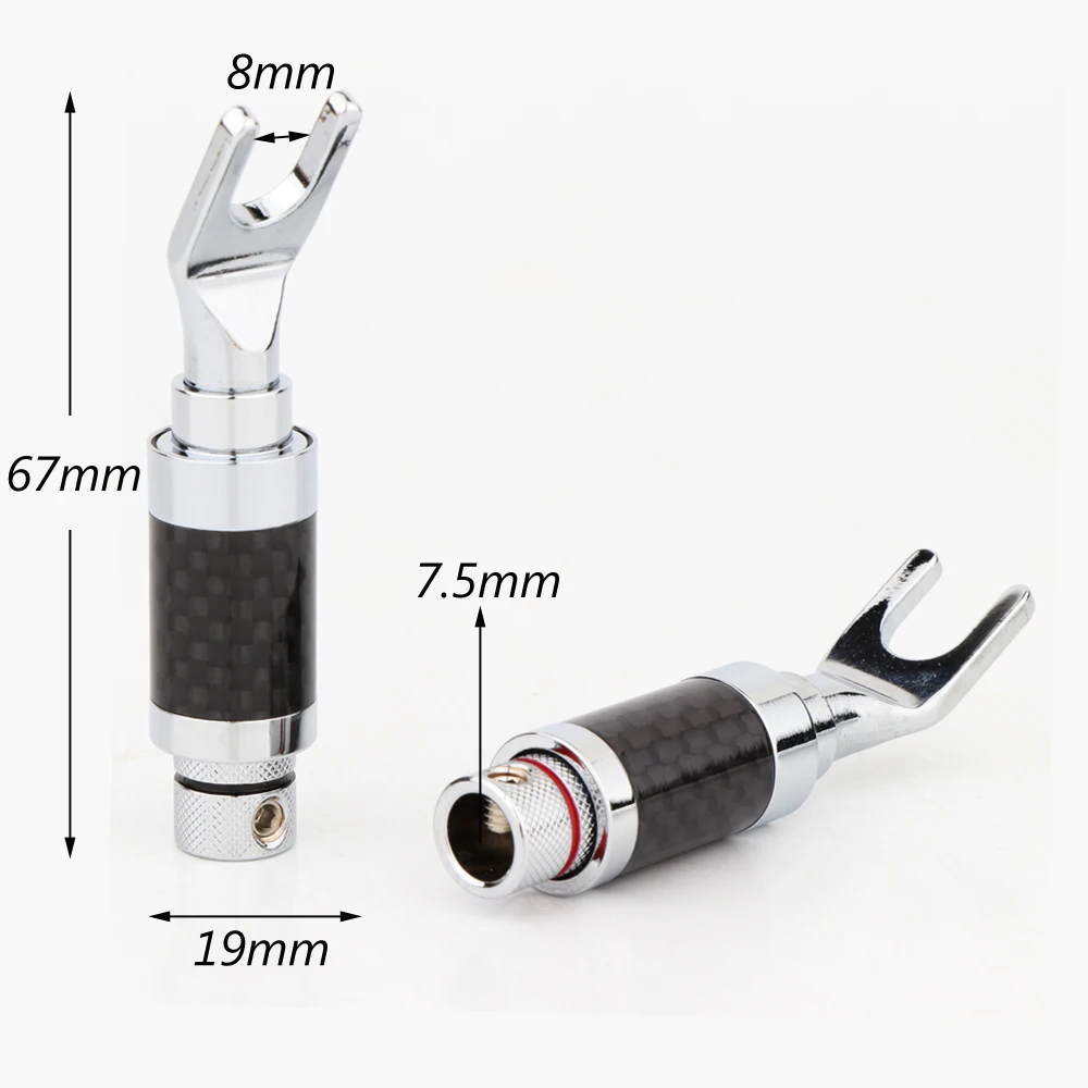 4 Stück rhodinierter Y-Spaten-Stecker, schwarzer Kohlefaser-Lautsprecherkabelstecker – Detail 1