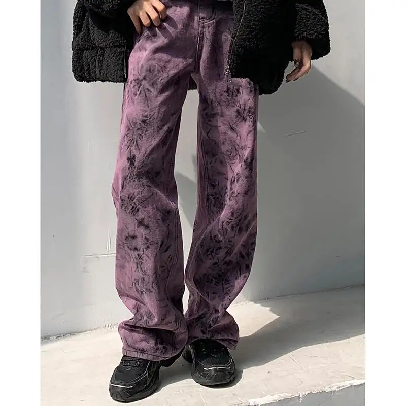 Purple Tie Dyed Jeans Women's High Waist Denim Fashion Hip Hop Sweetwear Loose Straight Wide Leg Pants Full Length Trousers 5XL