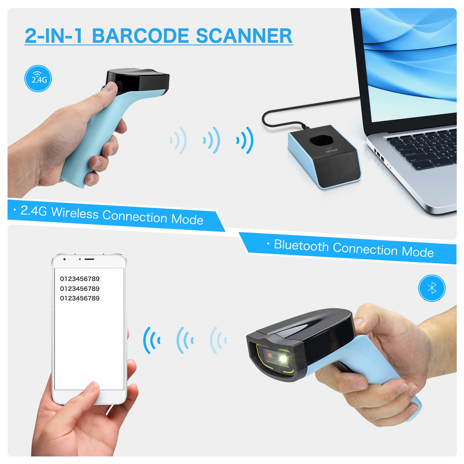 NETUM Bluetooth 2D Barcode Scanner DS7500 Automatic Wireless QR Barcode Reader Precise scanning DataMatrix PDF417 for POS System