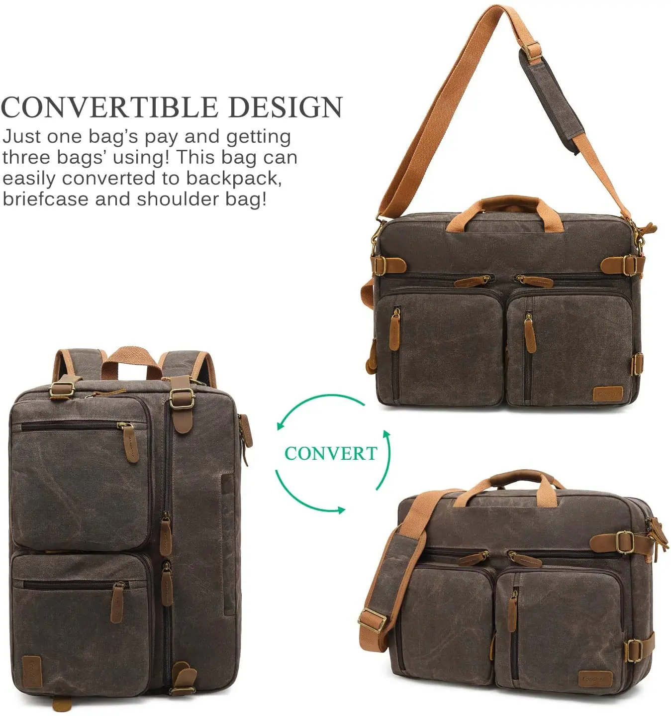 CoolBELL 17.3 Inch Laptop Messenger Bag Vintage Shoulder Bag Convertible Backpack Retro Briefcase Travel Bag,Waxed Canvas