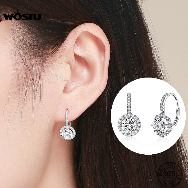 WOSTU Luxury Hoop Silver Earrings 925 Sterling Silver Cubic Zircon Fashion Modern Women\'s Earrings Jewelry Wedding Gift CQE508