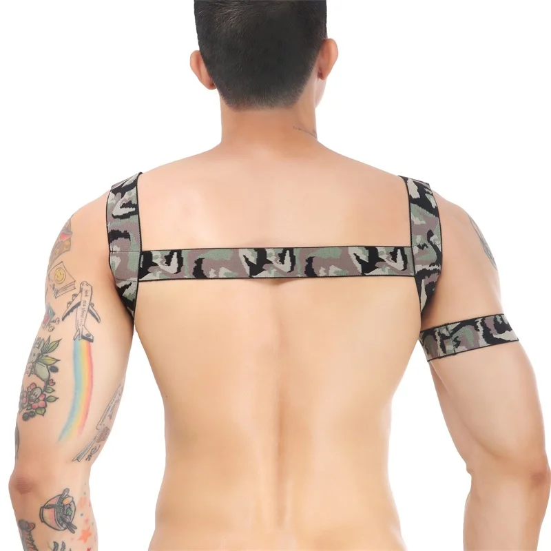 Arnés de camuflaje para hombre, lencería Sexy para el pecho y el cuerpo, disfraz de Bondage con correa elástica, banda para el brazo, ropa de