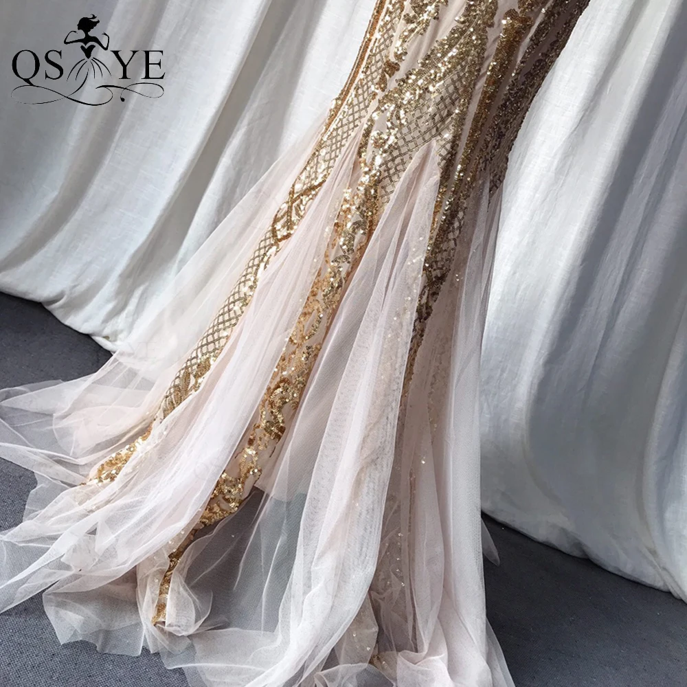 Goud Avondjurken Mermaid Een Schouder Goedkope Avondjurk Glitter Elegante Lange Party Dress Golden Sequin Formele Gown Tulle