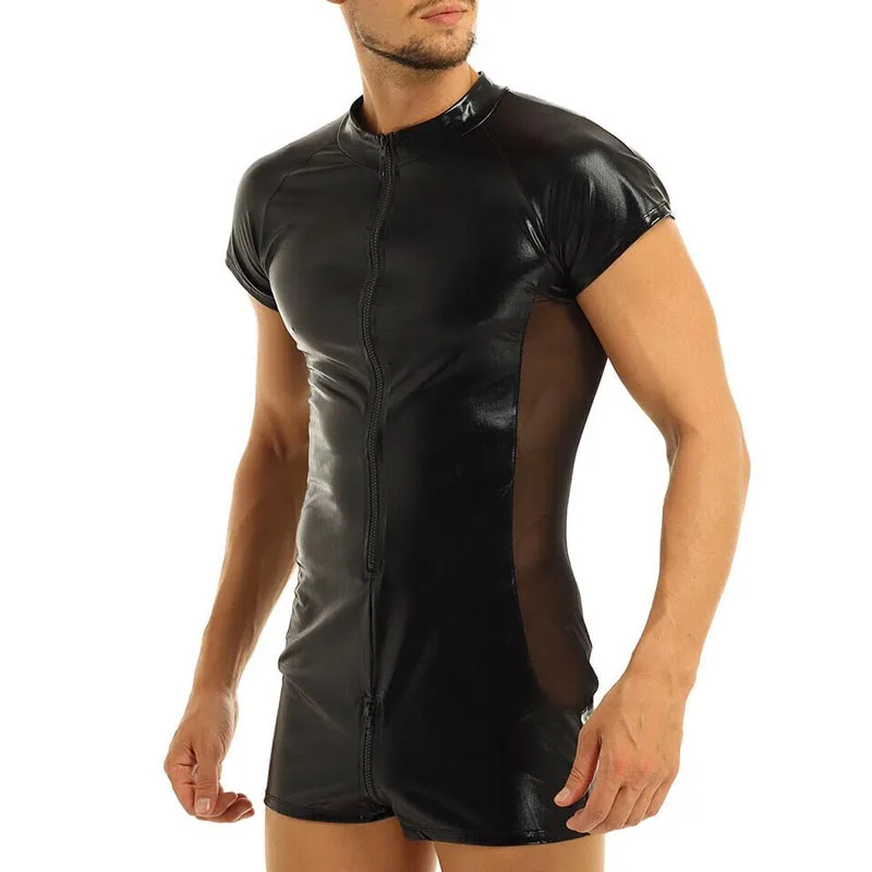 Men Black Sexy Faux Leather Wet Look Zipper Leotard Side Mesh Bulge Pouch Romper Bodysuit Jumpsuit Fetish Costumes