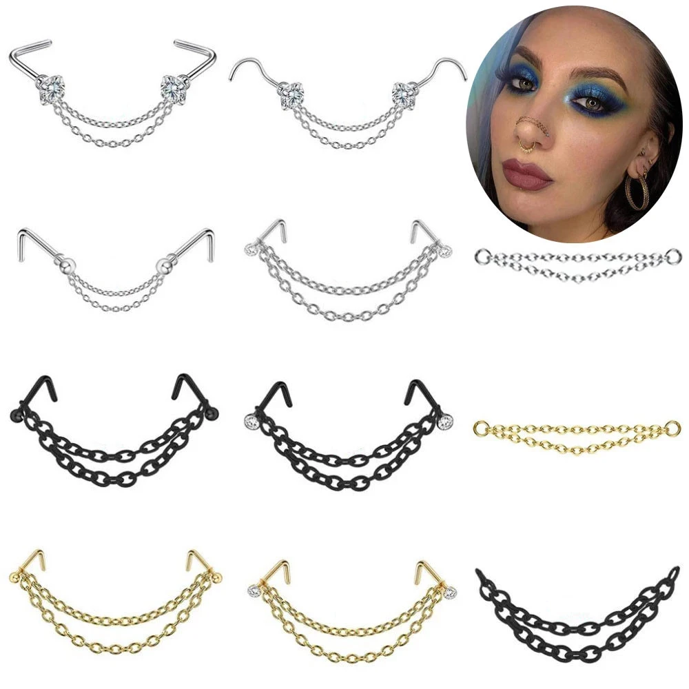 Stainless Steel Double Nose Piercing Chain Nose Chain for Woman Nostril Piercing Nose Stud Decoration Piercing Chain New