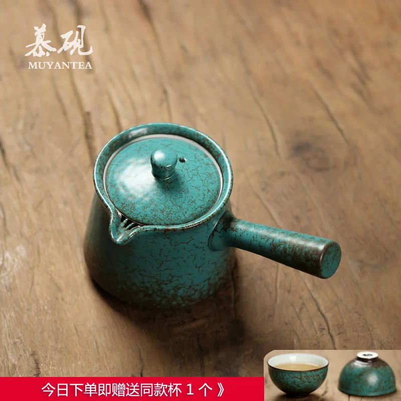 contracted side put the pot of kiln green pine glaze little teapot household ceramics kung fu tea set single teapot