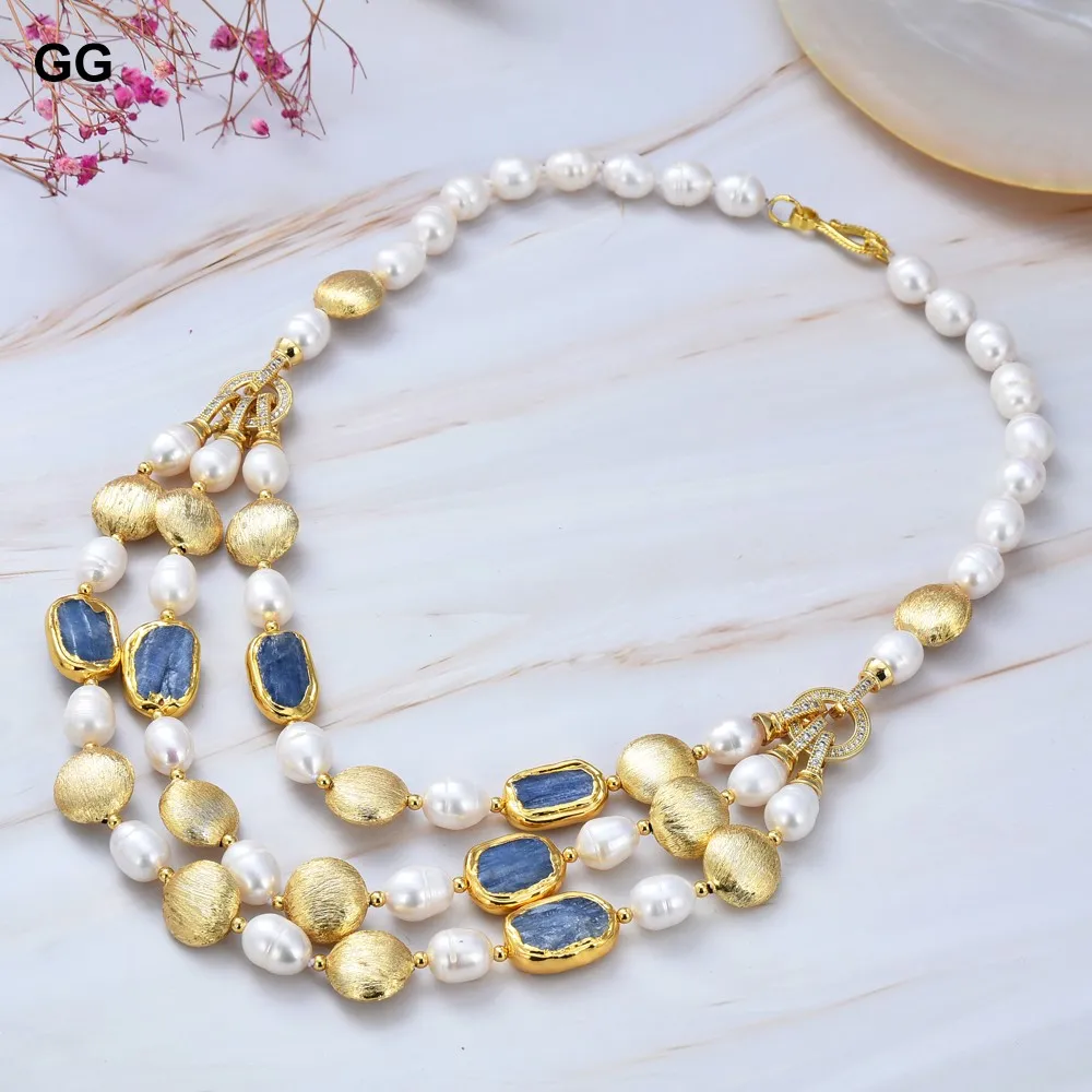 

3 Rows Cultured White Rice Pearl Blue Kyanite Choker Necklace
