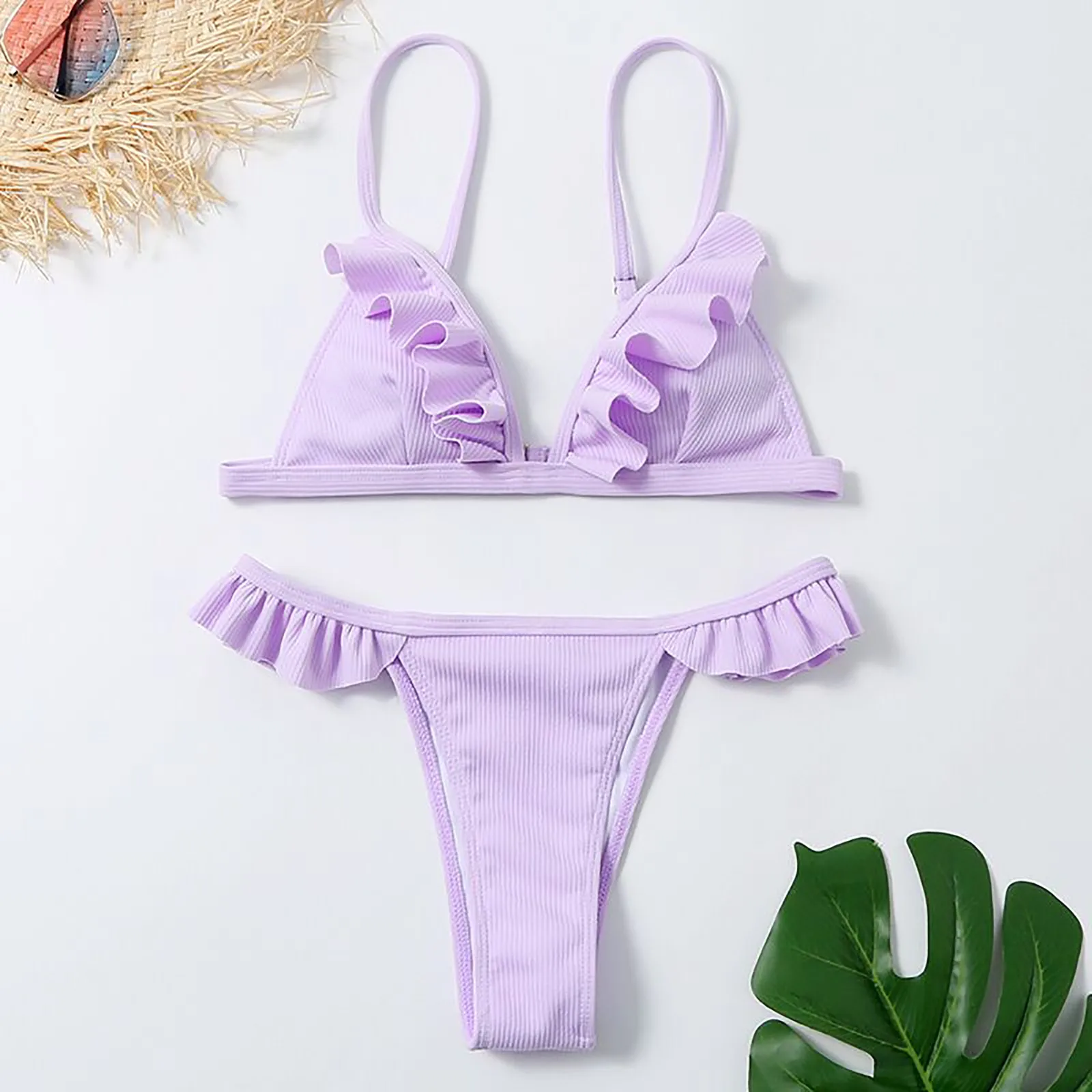 Bikinis lisos de realce para mujer, traje de baño Sexy con volantes, trajes de baño acanalados, ropa de playa de corte alto con Tanga, conjunto de