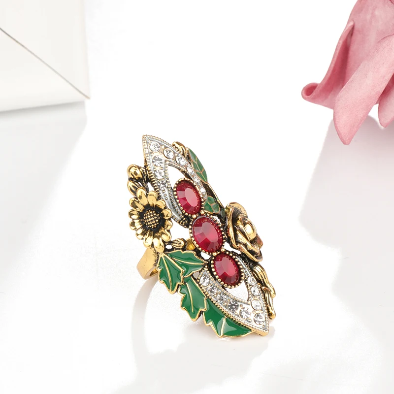 Kinel Luxury Women Rings Vintage Jewelry Antique Gold Color Mosaic Red Zircon Green Enamel Bride Wedding Ring Christmas Gift