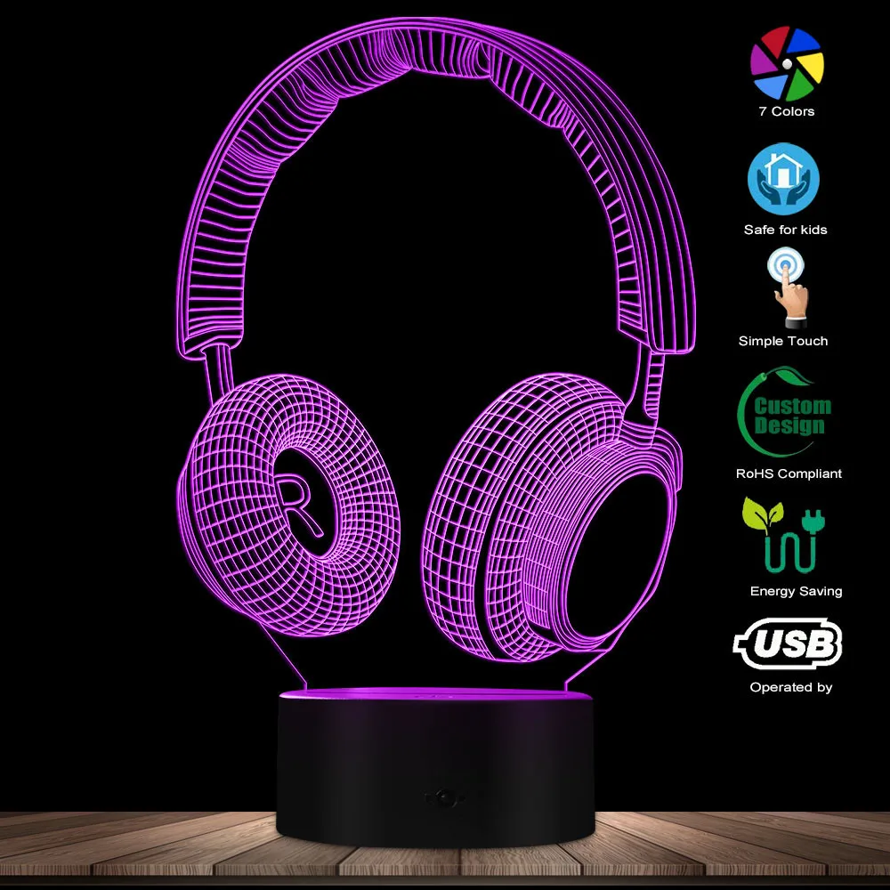 Modern Earphone Headset Decorative Lighting Art Table Lamp 3D Phone Design Optical illusion LED Novelty Night Light Gift For Him