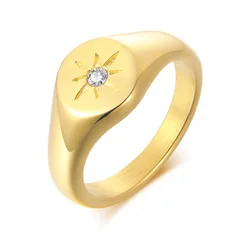 Starburst Signet Ring for Women Stainless Steel with Cubic Zirconia Wedding Brand Pinky Rings Statement Jewelry