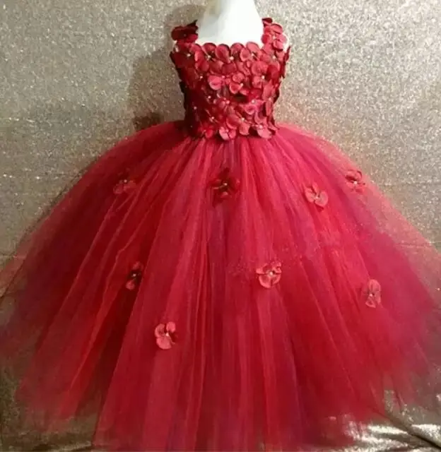 Girls Pink Fairy Flower Petals Tutu Dress Kids Crochet Tulle Dress Long Ball Gown Children Wedding Party Costume Evening Dresses