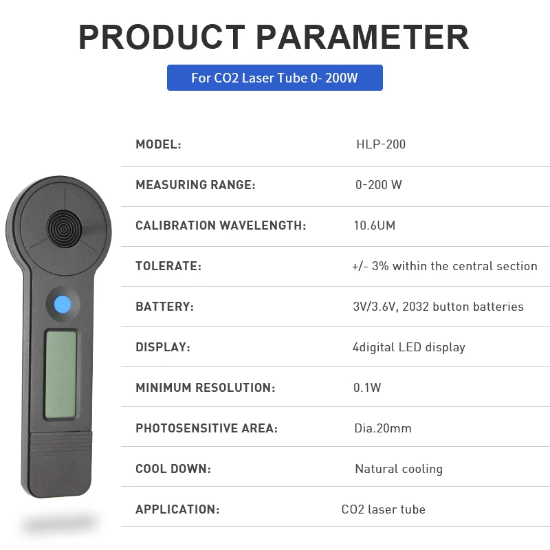 Handheld co2 Laser Power Meter Tube Power Meter 0-200W HLP-200 1064um For Laser Marking Engraving Cutting Machine Parts