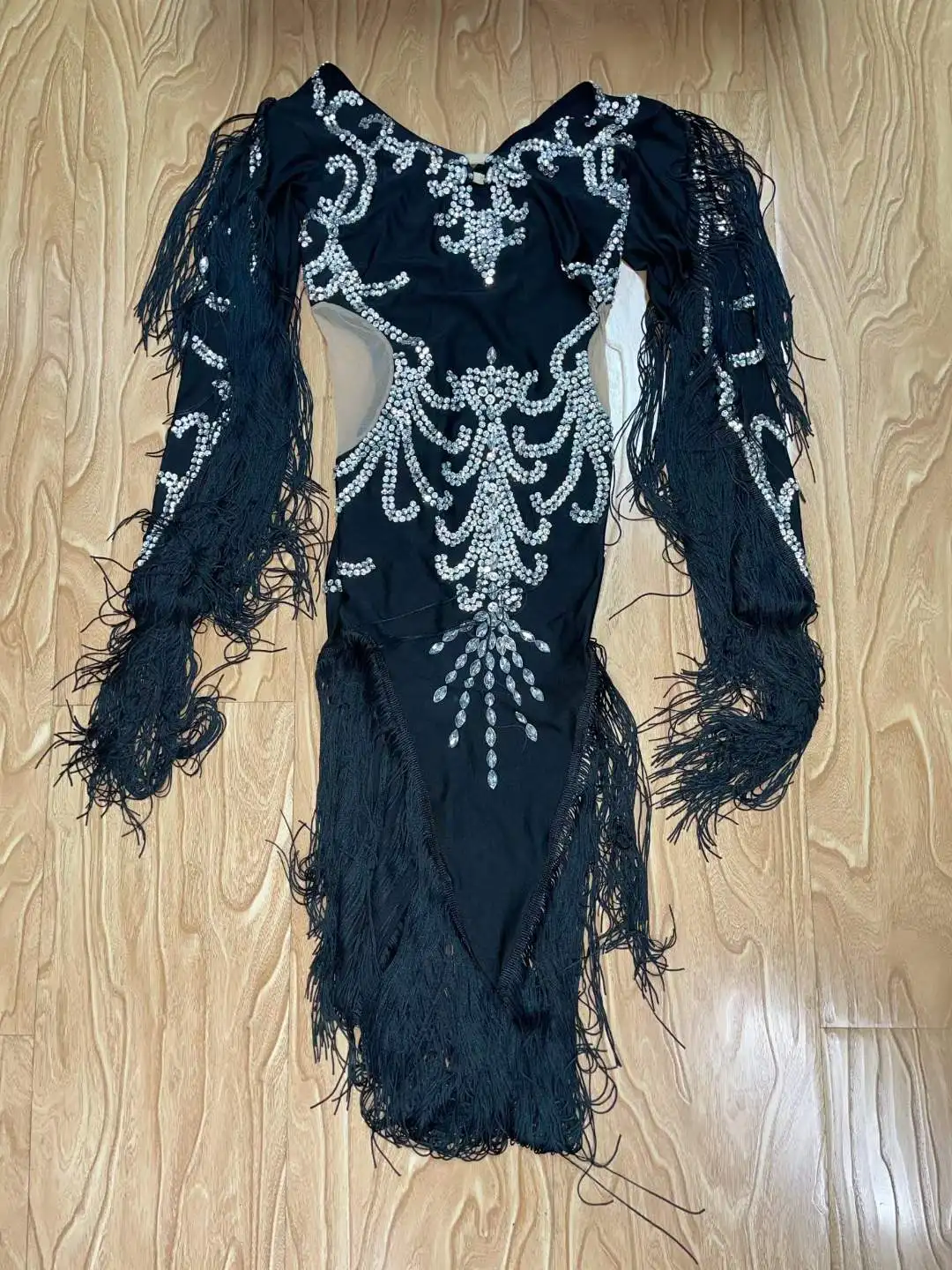New Black Tassel Rhinestones Skinny Latin Dance Slit Dress Women Singer Dancer Stage Performance Wear Prom Evening Party Costume