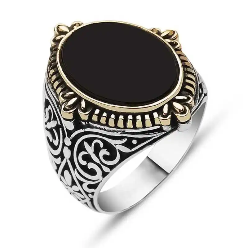 Silver Black Stone Flower Pattern Men's Ring - 925 Sterling Men's Jewelry Wedding Birthday Gift - Box - Man - Fashion - Botiva - Size - Turkish - Patterned Embroidery