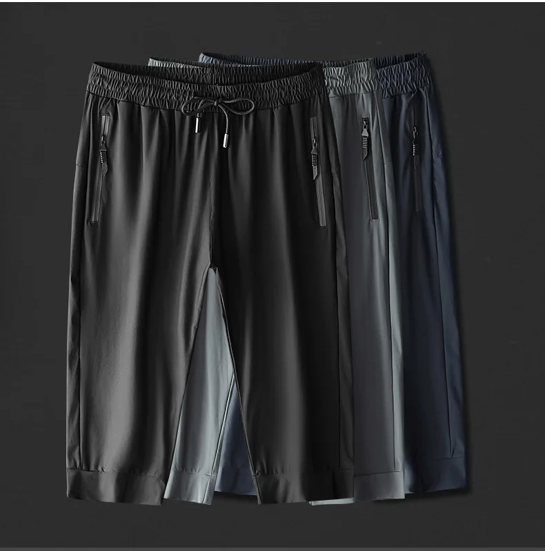 Men Running Cropped Pants Ice silk Summer Ice silk Quick Dry Training Fitness Zip Pocket Joggings Pant Male Gym 3/4 Sweatpants