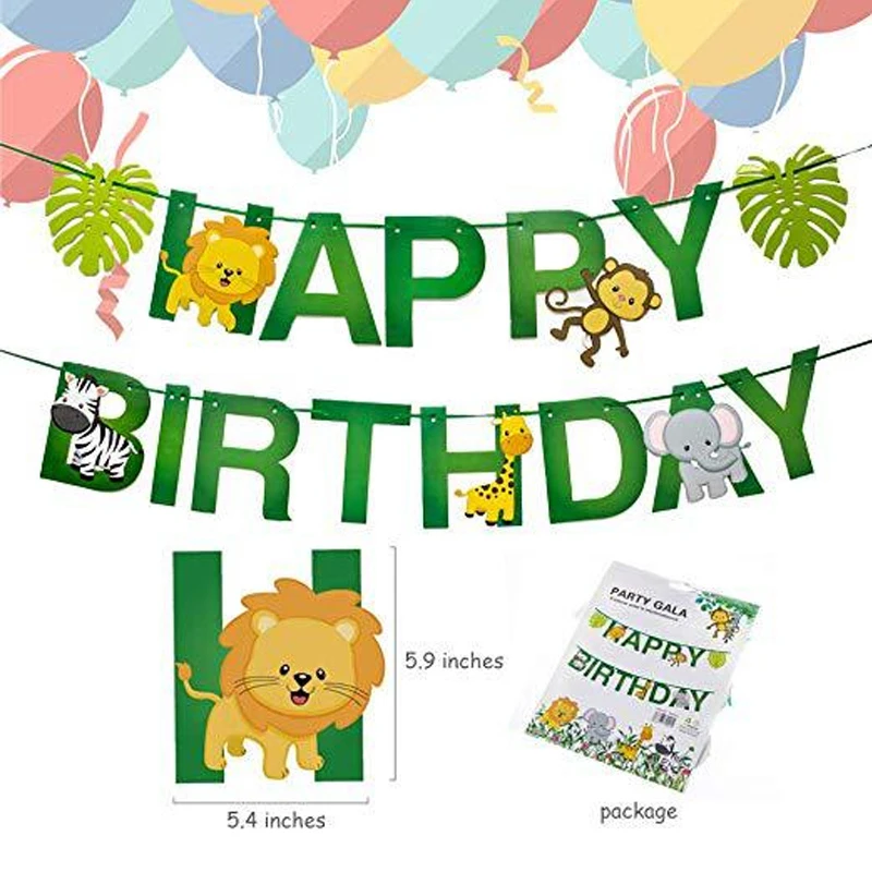 Baby 1st Birthday Party Balloons Decoration Set Animal Ballons Wild Jungle Theme Green Foil Tinsel Curtain Decor for Children