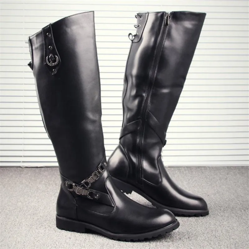 New Arrival Black Long Knee Boots Men Round Toe Buckle High Top Casual PU leather Shoes Man Motorcycle Boots Size 38-44