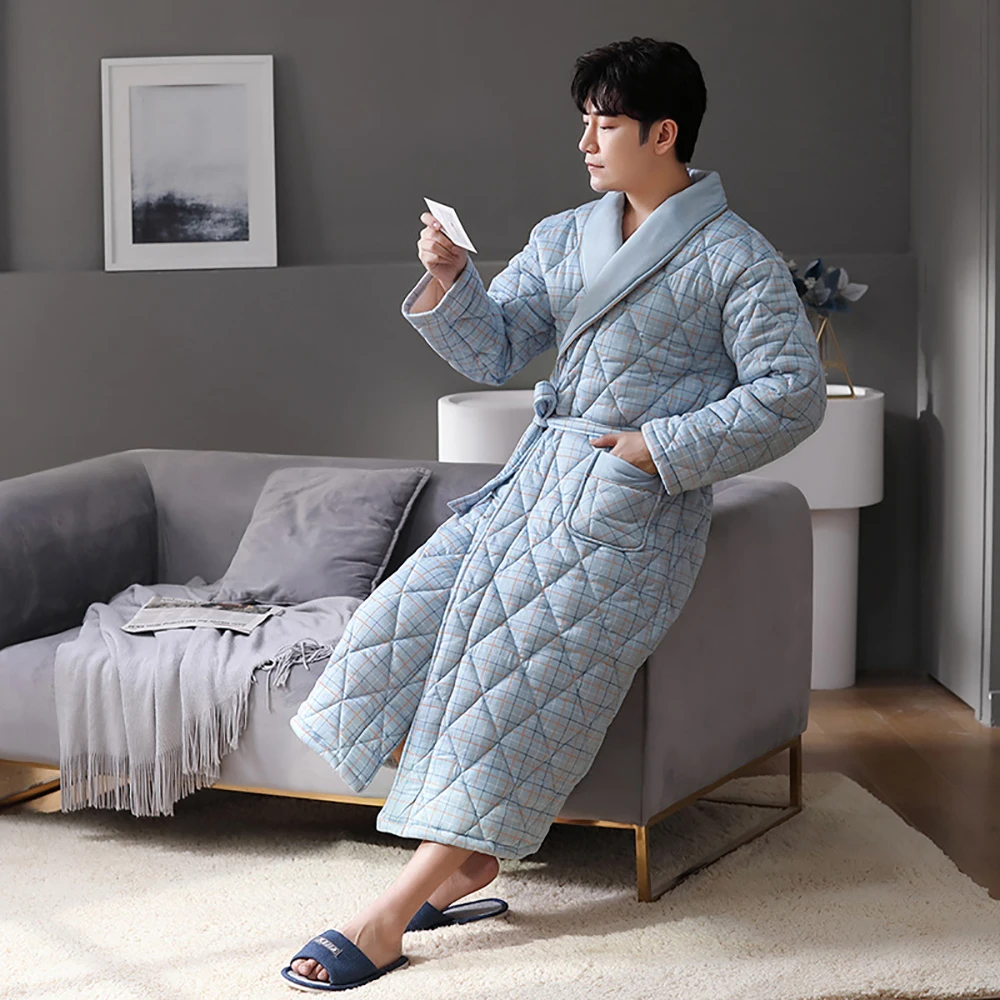 Mens Luxury Plaid Robe Autumn Winter Thick Long Bathrobes Man Cotton Soft Dressing Gown Breathable Kimono Bath Robe Plus Size