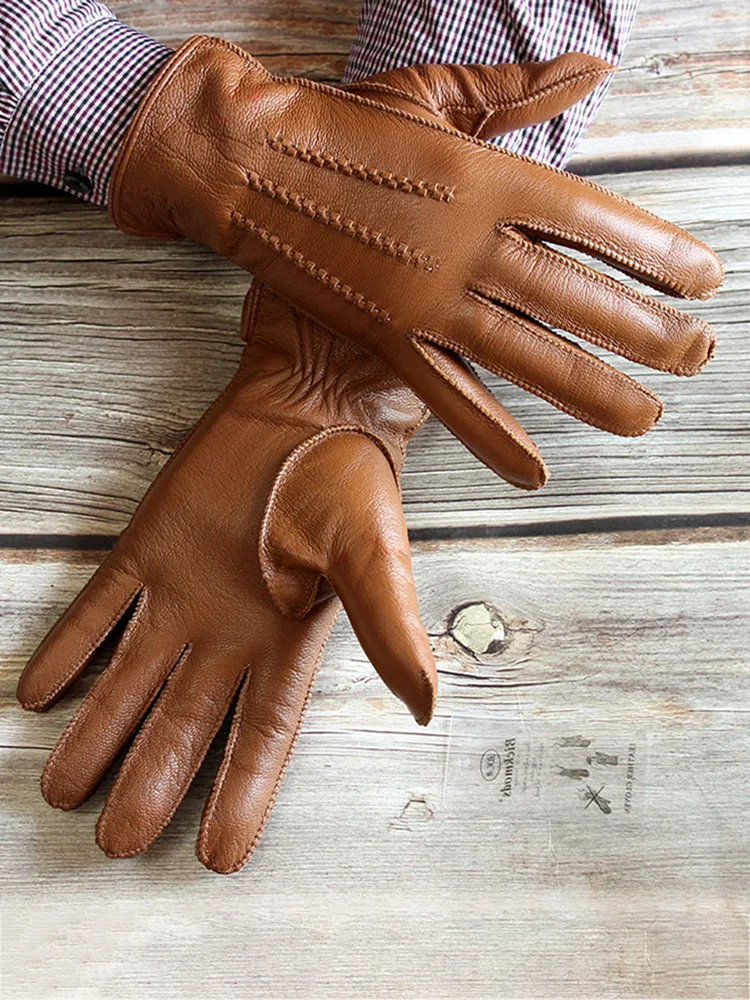 AliExpress Bickmods Leather Deerskin Gloves Men's Fashion Outer Seam Motorcycle Cycling Autumn and Winter Velvet Lining Warm Wool Lining Driver