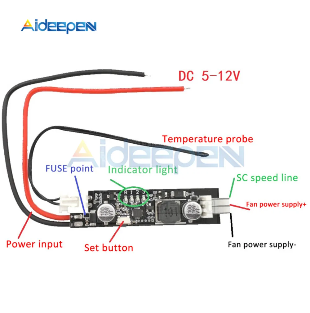 2-3 Wire DC 5V 12V PWM Fan Speed Controller Governor NTC 50K Temperature Probe Sensor 40cm Temperature Controller Speed Governor