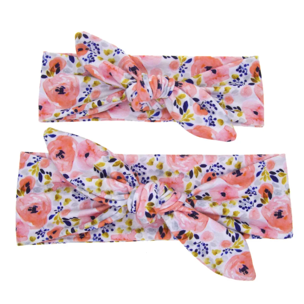 Mom & Baby Headbands Mother Baby Turban Mom Daughter Rabbit Ears Hairband Floral Print Fabric Knotted Bow DIY Hair Accessories