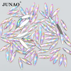 JUNAO 100pcs 4*15mm Crystal AB Flatback Nail Rhinestones Horse Eye Resin Strass Glitter Nail Stones for DIY Clothes Crafts