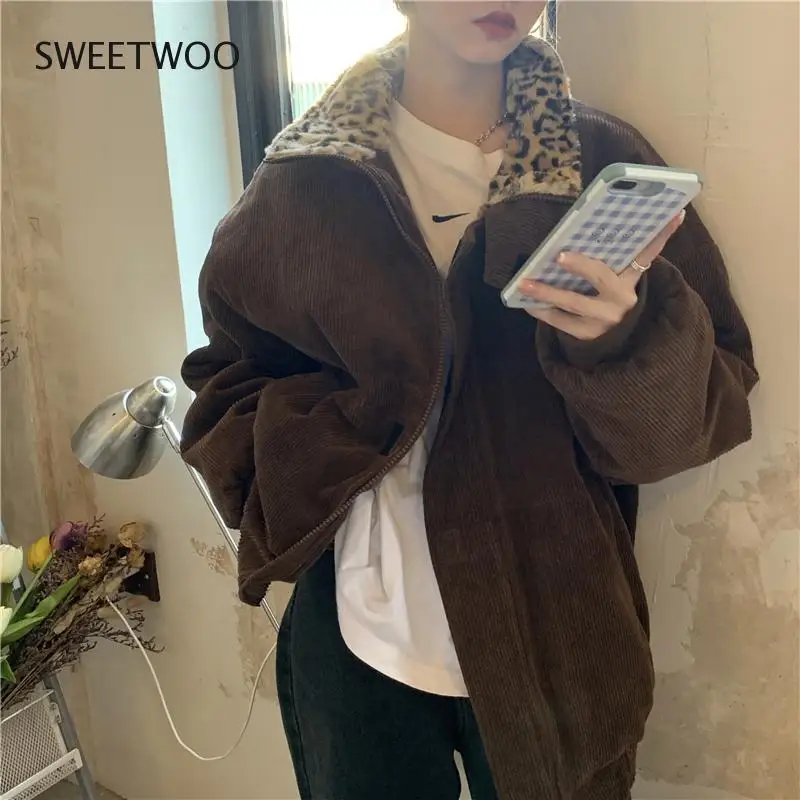 2021 novo inverno leopardo retalhos casaco feminino veludo quente solto jaqueta casual feminino outwear elegante topos